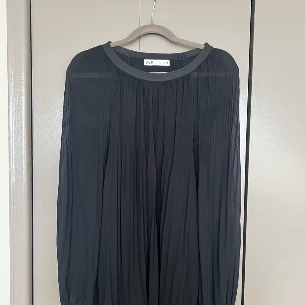 Zara Black Pleated Long-Sleeve Top